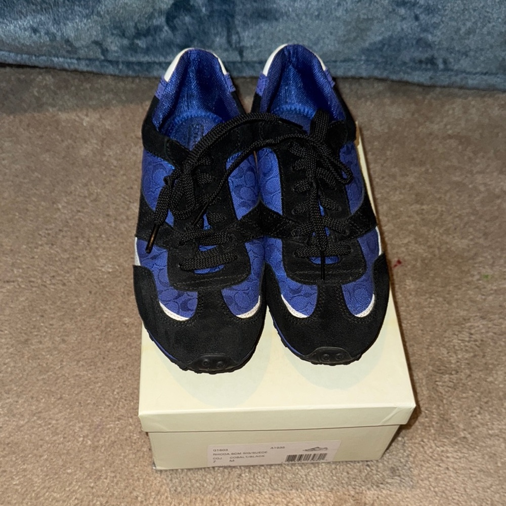 COACH Rhoda 6CM Signature Suede Sneakers. Colbalt/Black size 7